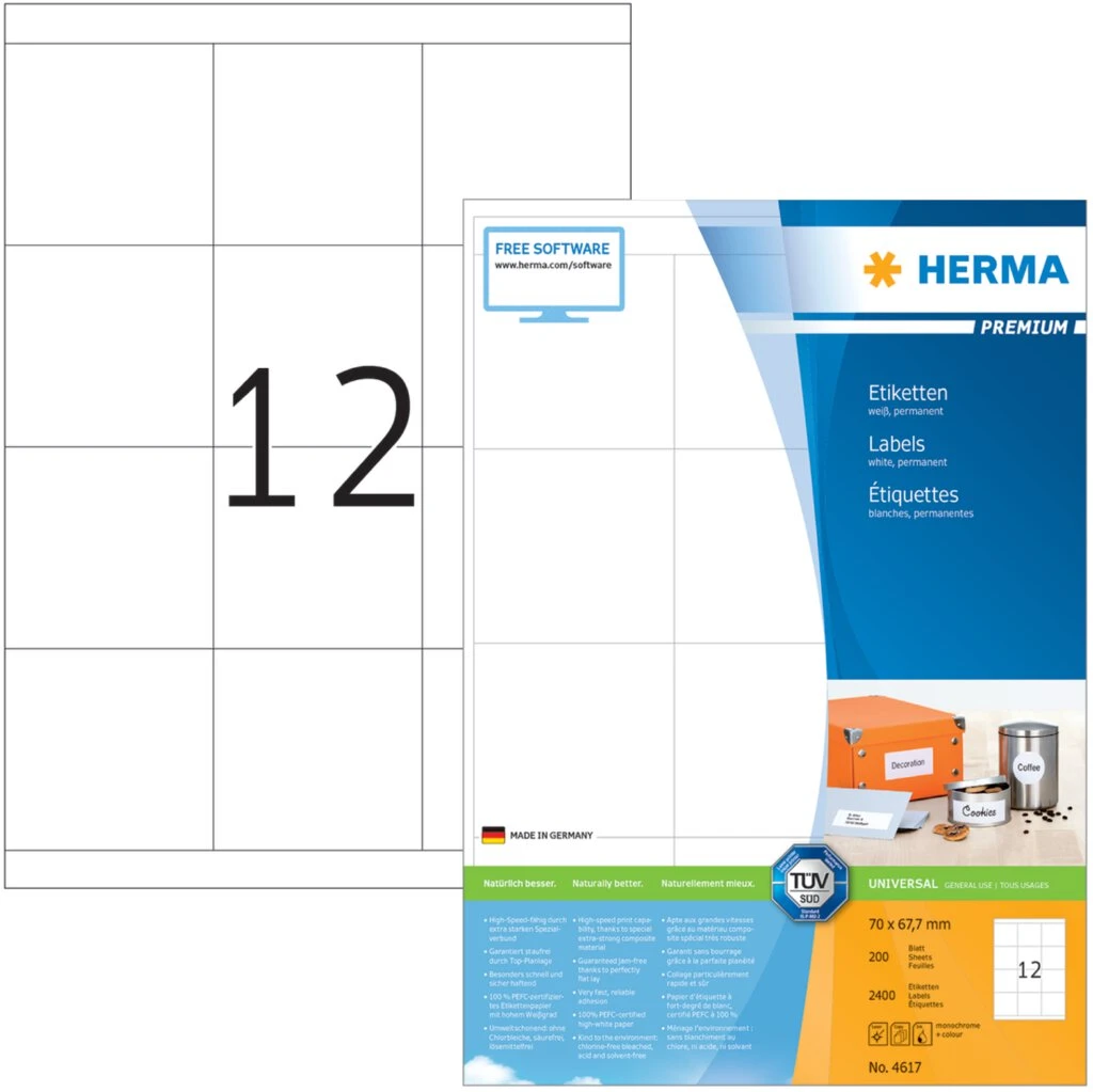 HERMA Universal-Etiketten PREMIUM, 70 x 67,7 mm, weiß (EAN: 4008705046176)