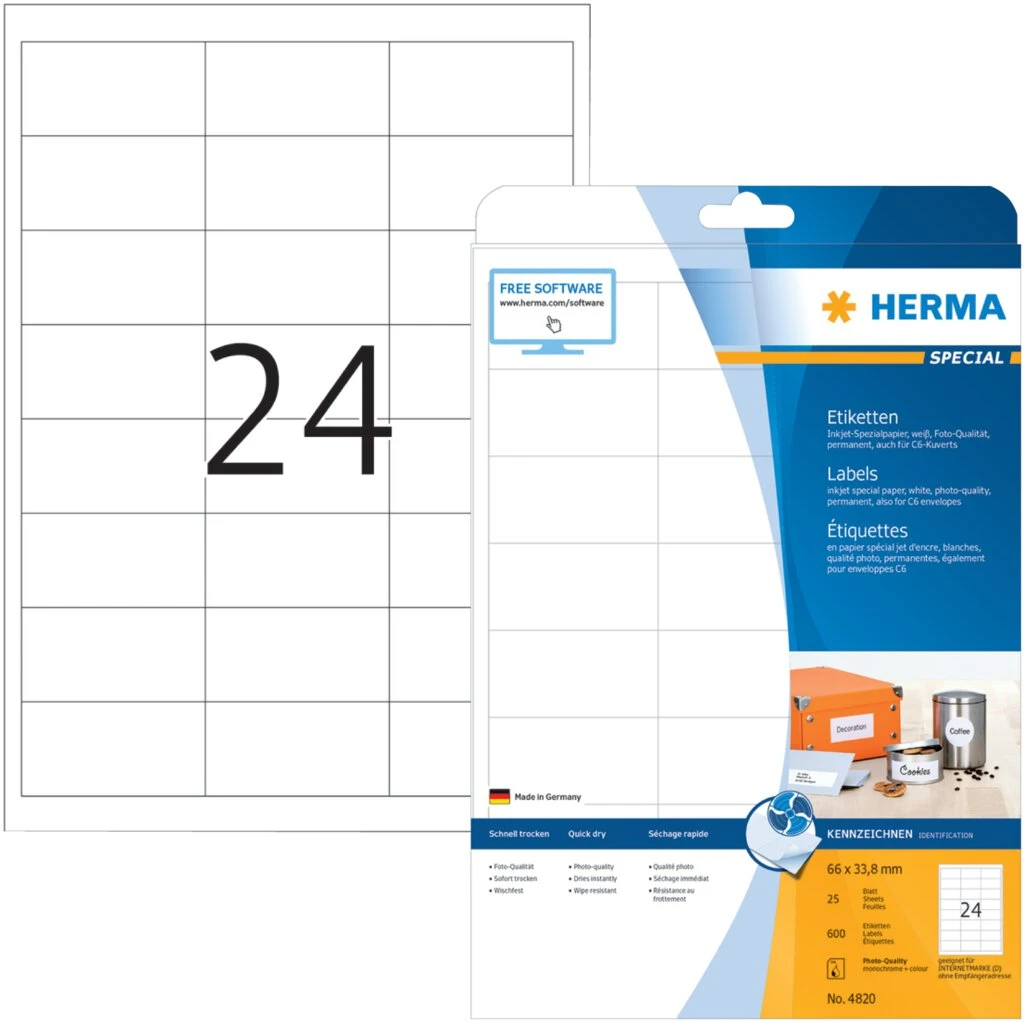 HERMA Inkjet-Etiketten SPECIAL, 66 x 33,8 mm, weiß (EAN: 4008705048200)