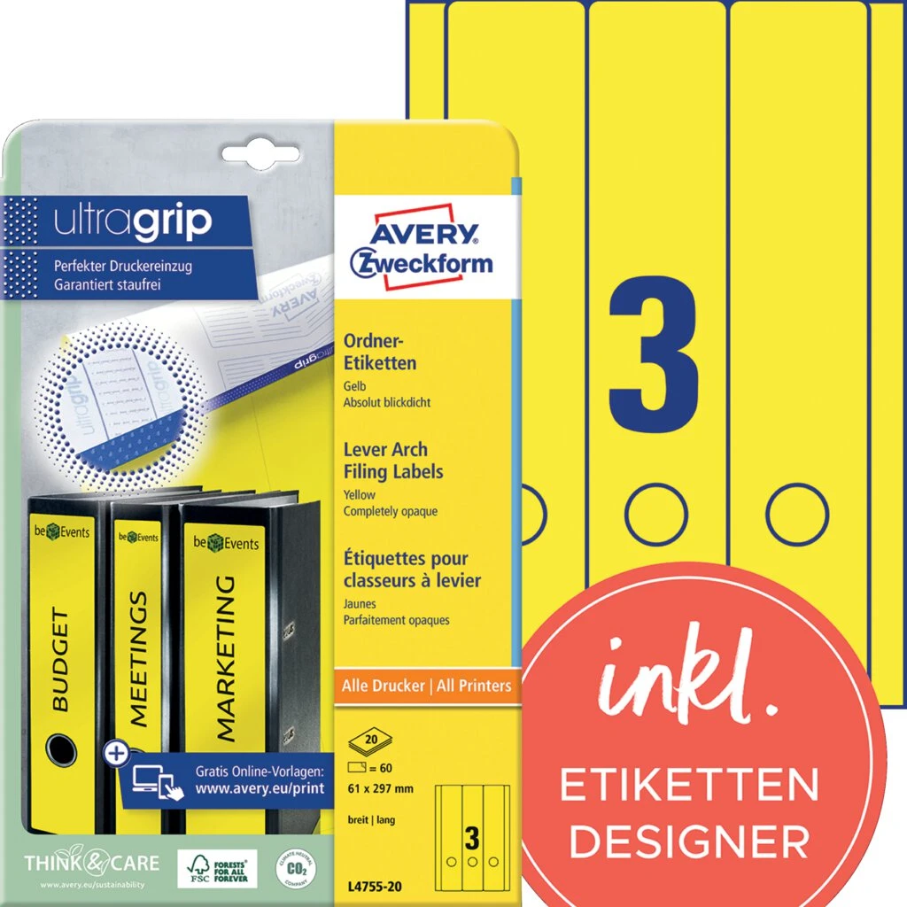 AVERY Zweckform Ordnerrücken-Etiketten, 61 x 297 mm, gelb (EAN: 4004182047552)