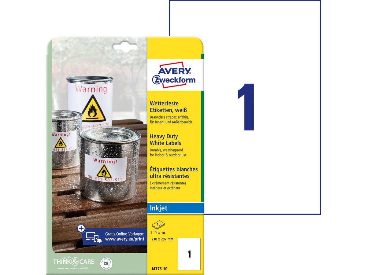 AVERY Zweckform wetterfeste Etiketten, 210 x 297 mm, weiß (EAN: 4004182247754)