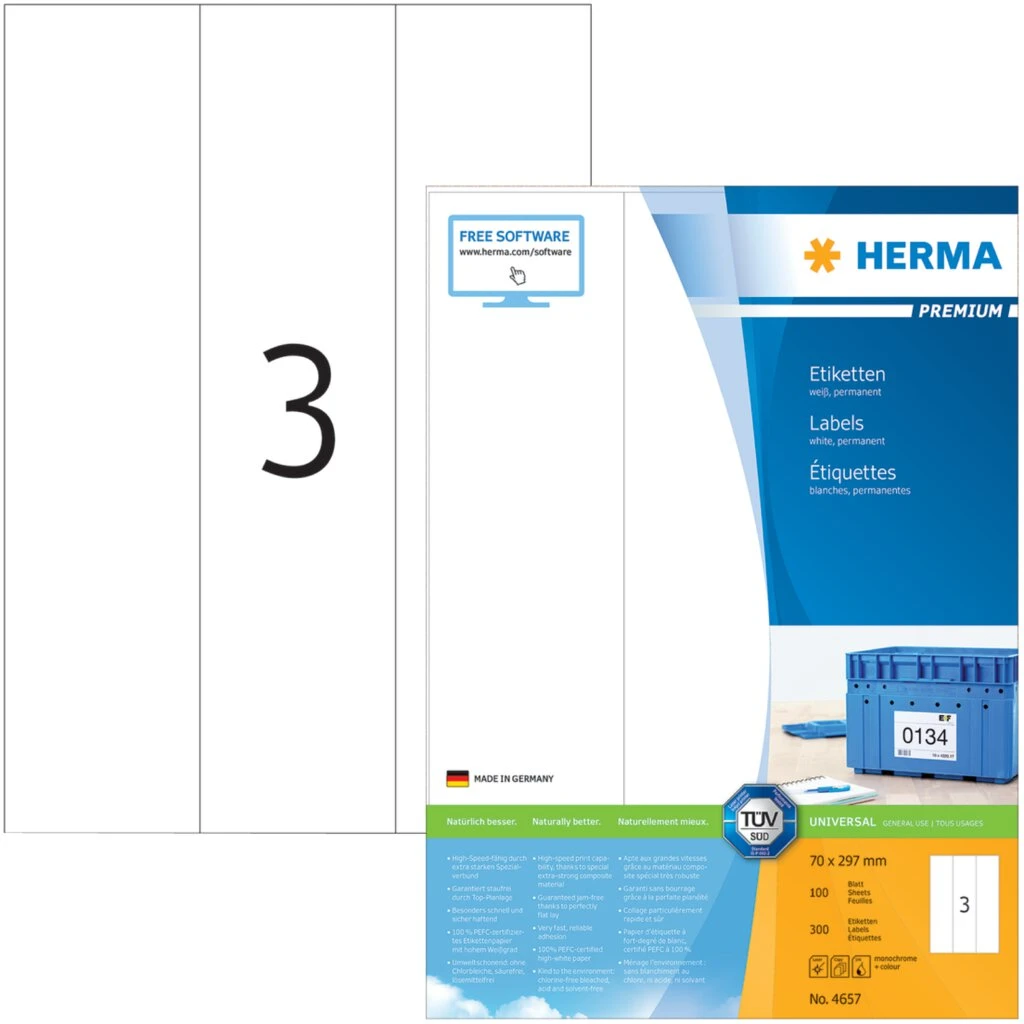 HERMA Universal-Etiketten PREMIUM, 70 x 297 mm, weiß (EAN: 4008705046572)