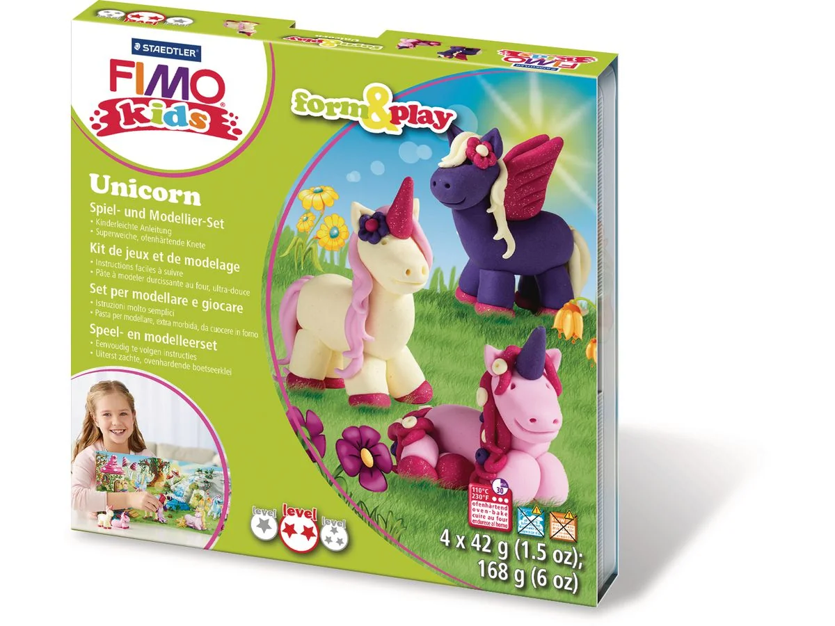 FIMO kids Modellier-Set Form & Play "Unicorn", Level 2, rosa, perlglanz gelb, glitter pink, glitter blau (EAN: 4007817037317)