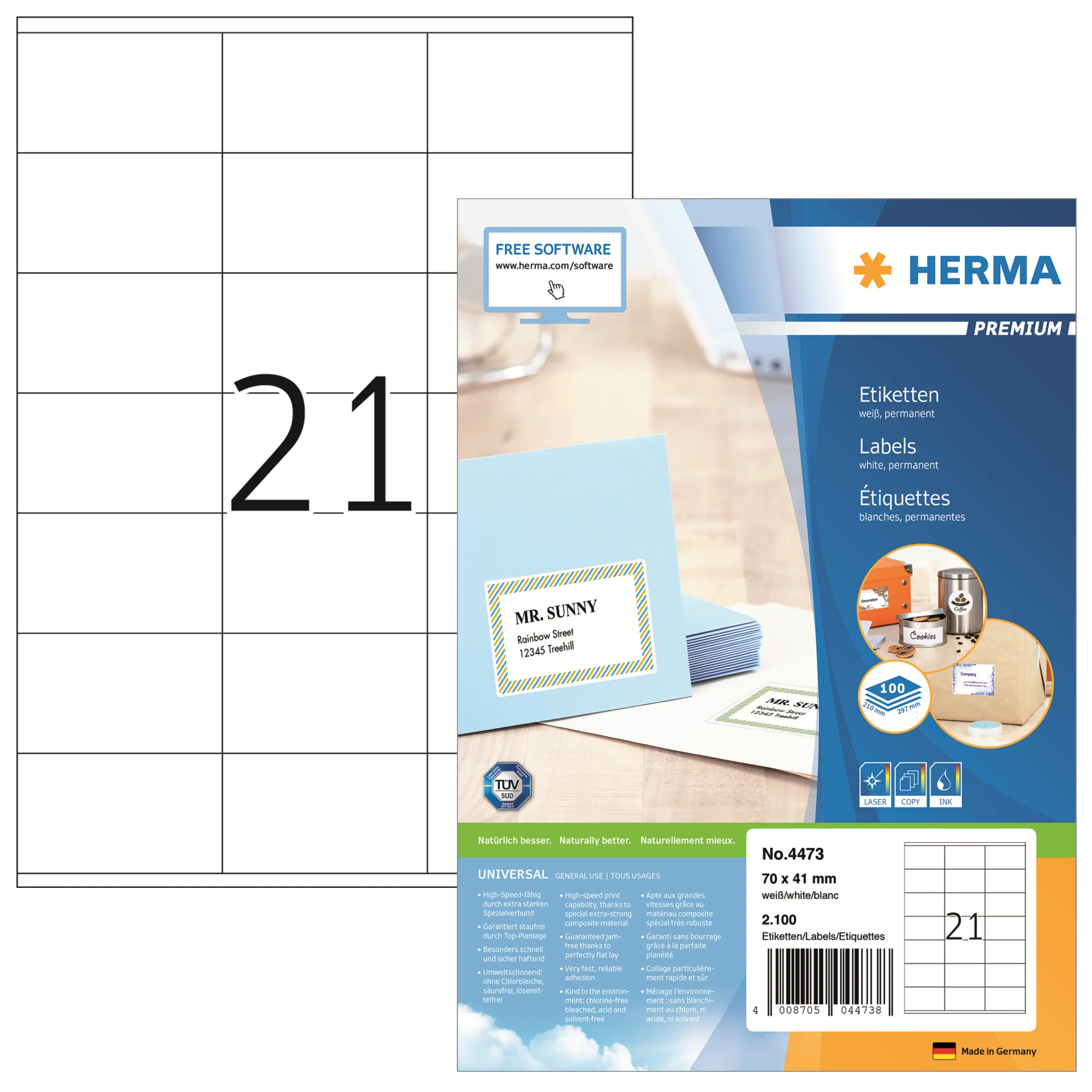 HERMA Universal-Etiketten PREMIUM, 70 x 41 mm, weiß (EAN: 4008705044738)