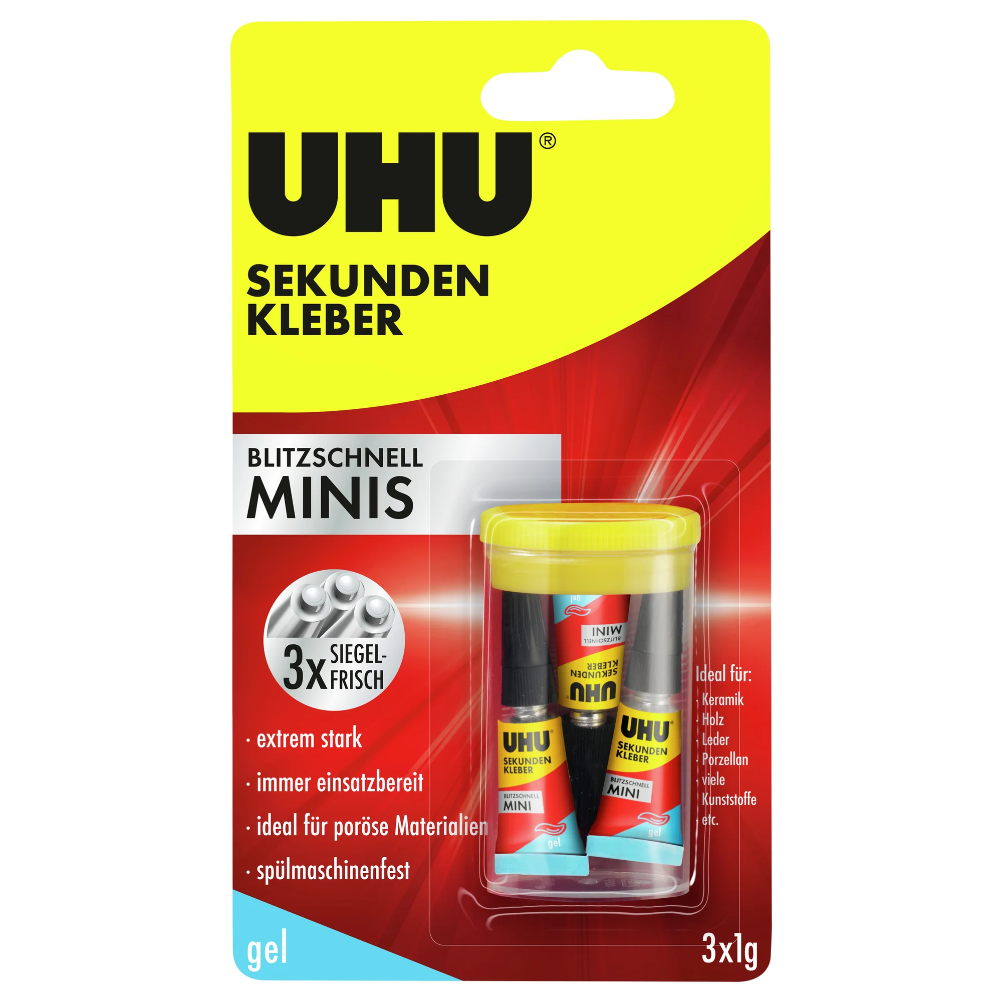 UHU Sekundenkleber BLITZSCHNELL MINIS gel, 3 Tuben à 1 g (EAN: 4026700453706)