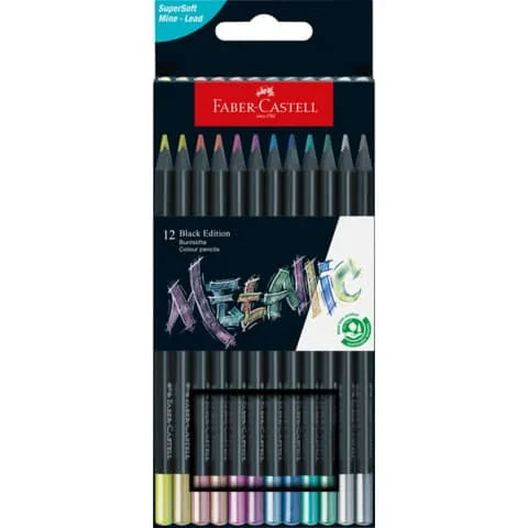 FABER-CASTELL Dreikant-Buntstifte Black Edition, 12er Etui, Metallic-Farben (EAN: 4005401164159)