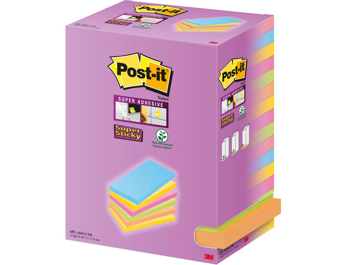 Post-it Haftnotizen super sticky notes, 127 x 76 mm, farbig (EAN: 4054596855915)