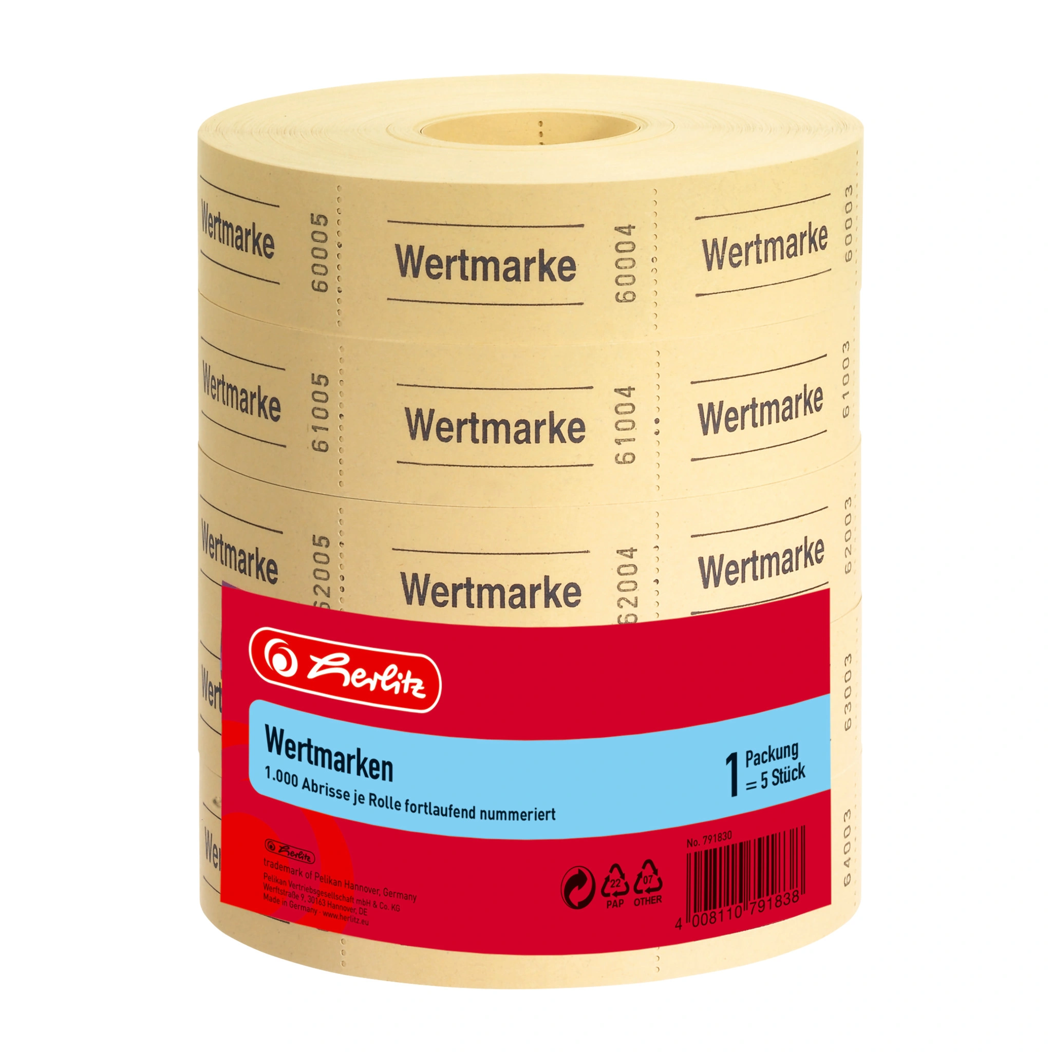 herlitz Wertmarken neutral, 1.000 Abrisse je Rolle, gelb, rot, blau oder grün (EAN: 4008110791838)