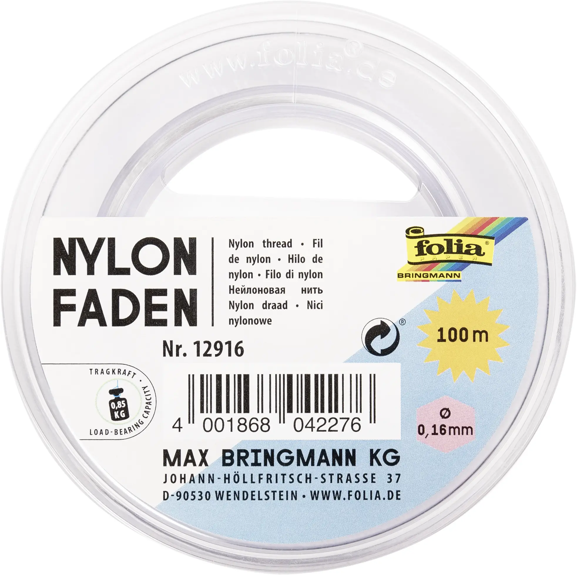 folia Nylonfaden auf Spule, 0,16 mm x 100 m, transparent (EAN: 4001868042276)