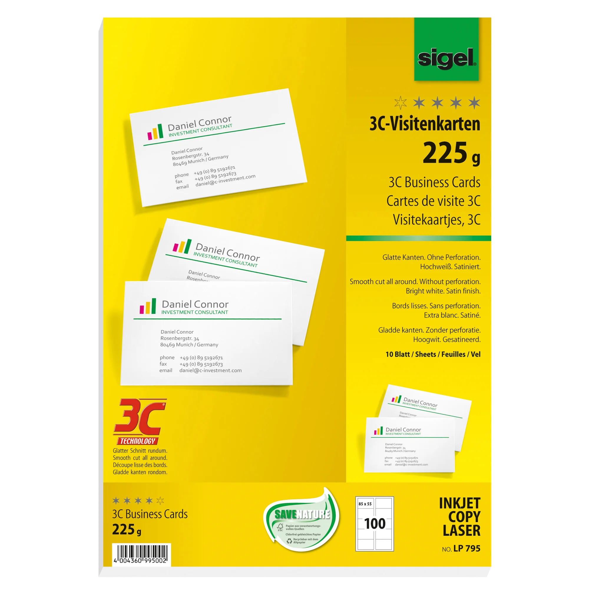 sigel Visitenkarten 3C, 85 x 55 mm, 225 g/qm, hochweiß (EAN: 4004360995002)