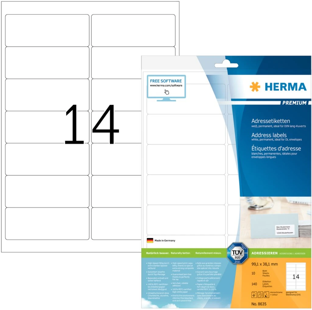 HERMA Universal-Etiketten PREMIUM, 99,1 x 38,1 mm, weiß (EAN: 4008705086356)