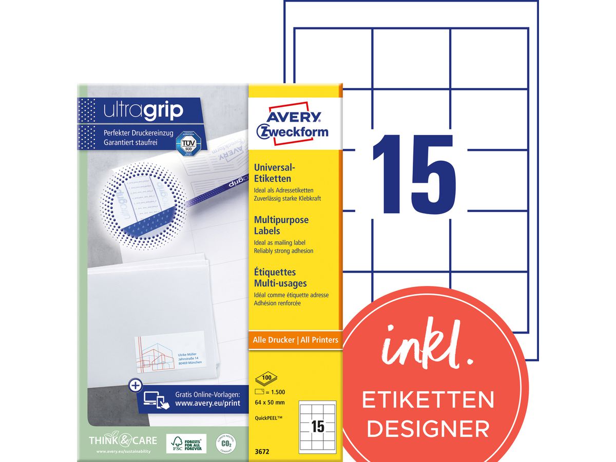 AVERY Zweckform Universal-Etiketten, 64 x 50 mm, weiß (EAN: 4004182036723)