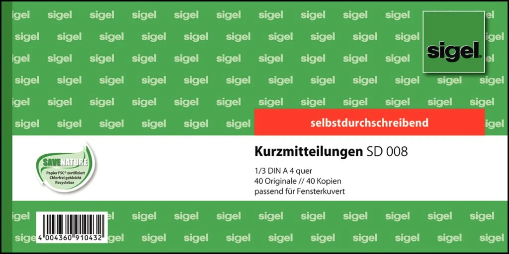 sigel Formularbuch "Kurzmitteilung", 1/3 A4 quer, SD (EAN: 4004360910432)