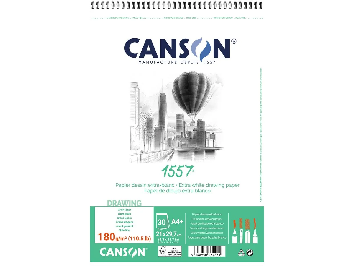 CANSON Zeichenpapierblock 1557, DIN A4, 180 g/qm, 30 Blatt, reinweiß (EAN: 3148950034281)