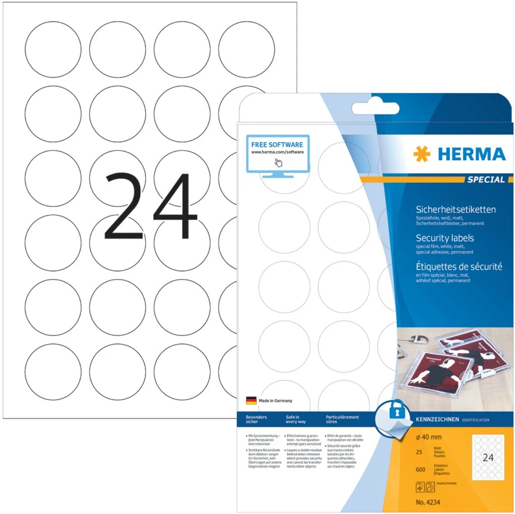 HERMA Sicherheits-Etiketten SPECIAL, Durchm.: 40 mm, weiß (EAN: 4008705042345)