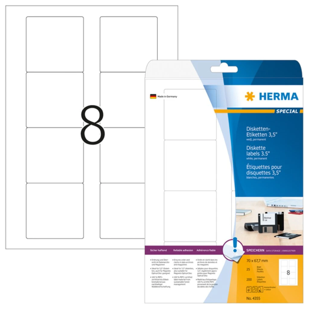 HERMA Disketten-Etiketten 3,5" SPECIAL, 70 x 67,7 mm, weiß (EAN: 4008705043557)