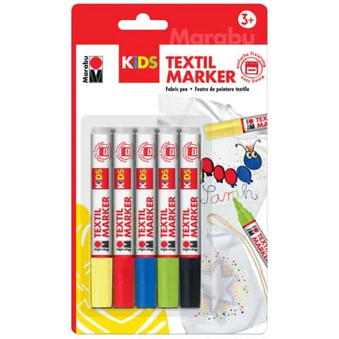 Marabu KiDS Textilmarker, 5 x 3 ml, 5er Blister, gelb, rot, blau, grün und schwarz (EAN: 4007751605283)