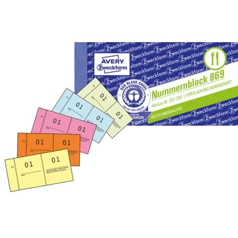 AVERY Zweckform Nummernblock 1 - 1000, 105 x 53 mm, 5-farbig, gelb, rot, rosa, weiß, grün (EAN: 4004182008690)