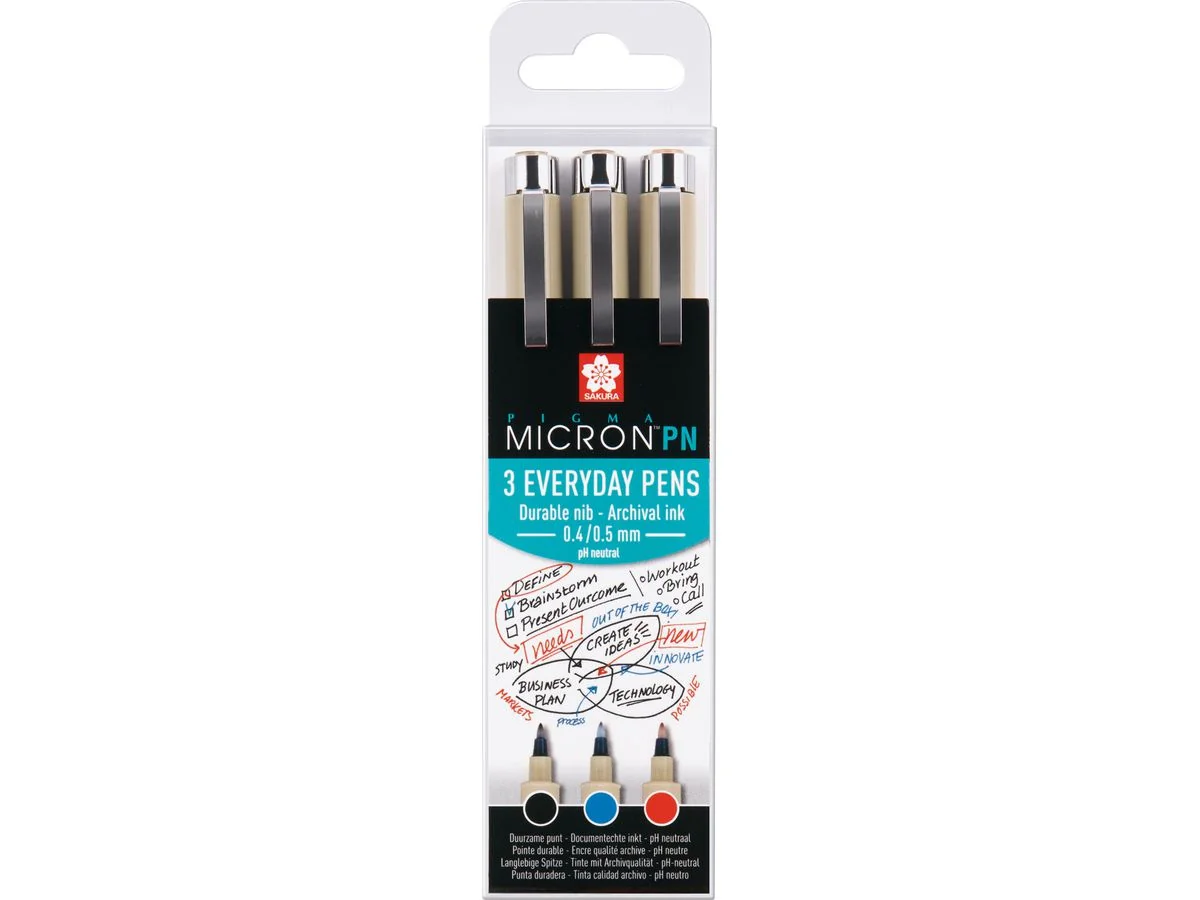 SAKURA Fineliner Pigma Micron PN, 3er Office-Set, blau, rot und schwarz (EAN: 8712079409395)