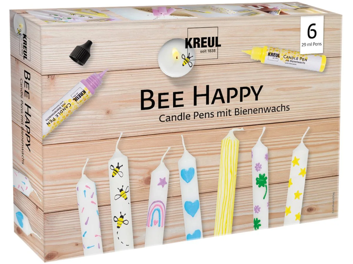 KREUL Candle Pen "Bee Happy", 6er-Set, gelb, rosa, violett, hellblau, grün und schwarz (EAN: 4000798126834)