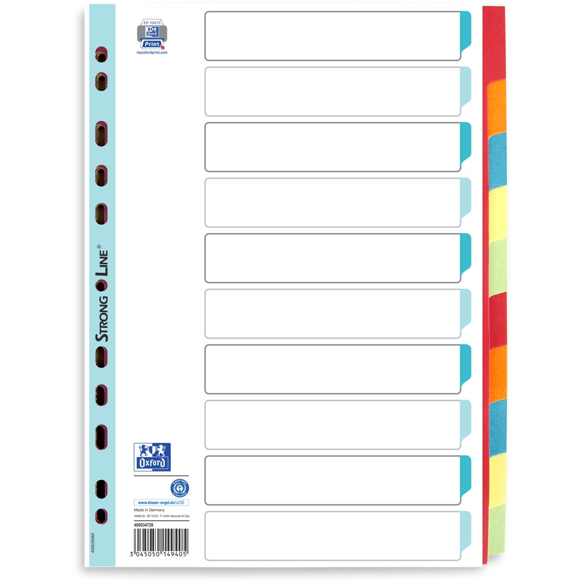 Oxford Karton-Register, blanko, DIN A4, farbig, 10-teilig (EAN: 3045050149405)