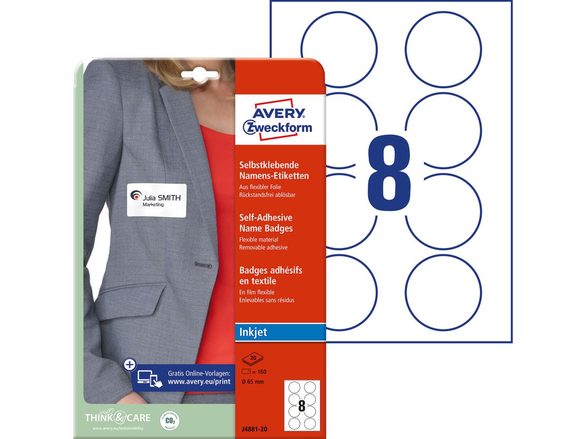 AVERY Zweckform Inkjet-Namens-Etiketten, 65 mm, rund, weiß (EAN: 4004182148136)