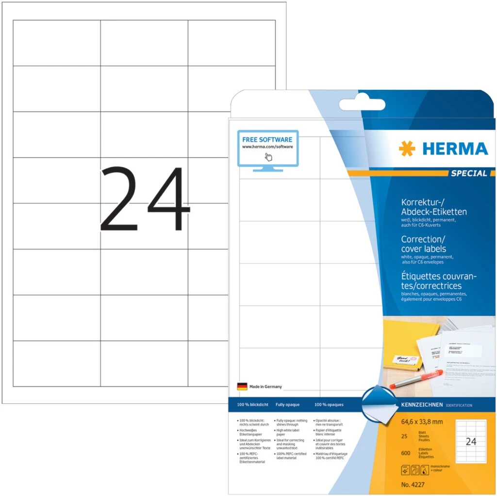 HERMA Korrektur-/Abdeck-Etiketten SPECIAL, 64,6 x 33,8 mm, weiß (EAN: 4008705042277)
