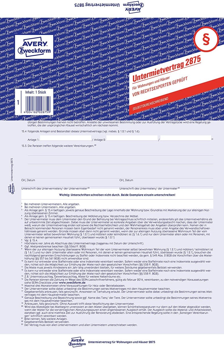 AVERY Zweckform Vordruck "Untermietvertrag", A4, 2-seitig (EAN: 4004182028759)