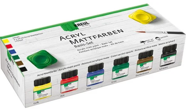 KREUL Acryl-Mattfarbe, Basis-Set 6 x 20 ml, gelb, rot, ultramarinblau, moosgrün, dunkelbraun, schwarz (EAN: 4000798756000)