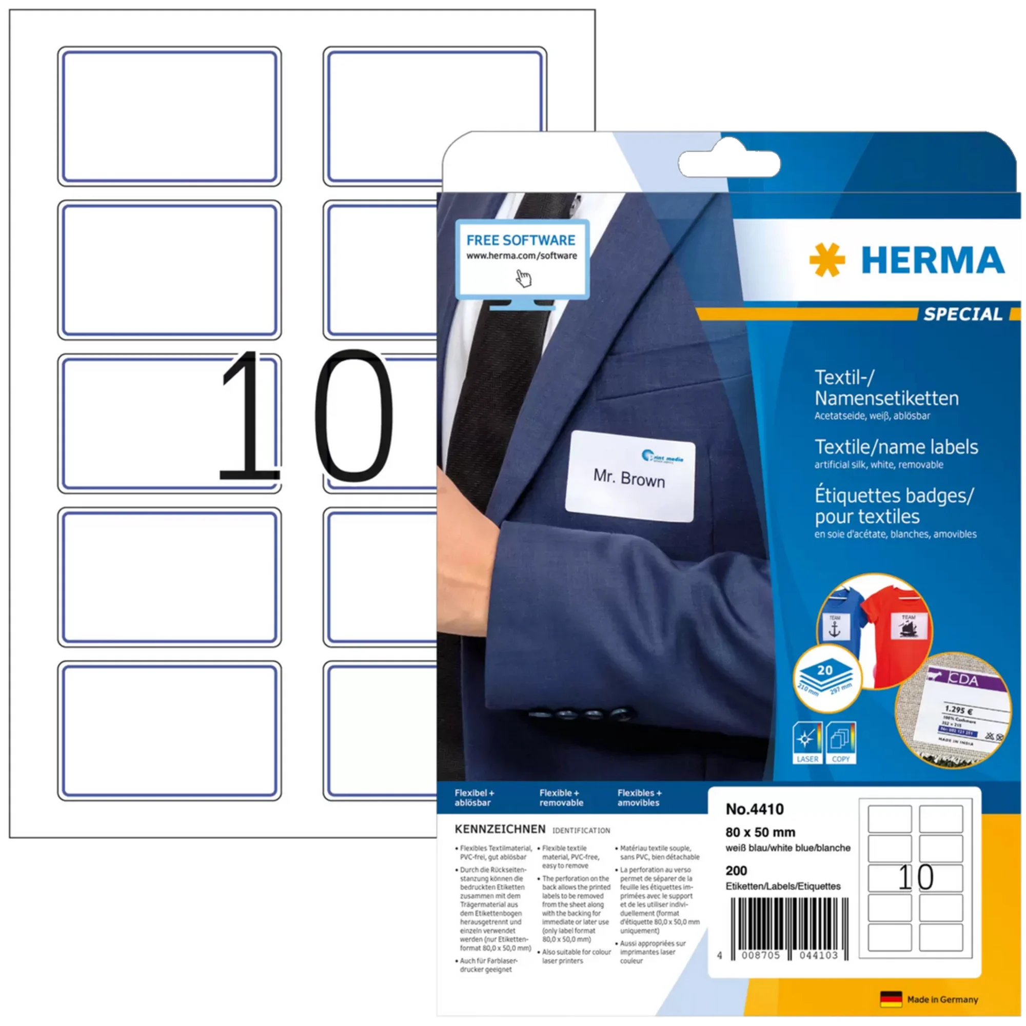 HERMA Namensetiketten 80 x 50 mm, Acetat-Seide, blauer Rand (EAN: 4008705044103)