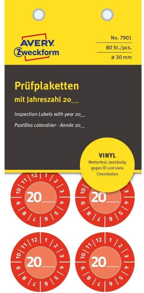 AVERY Zweckform Prüfplaketten zum Selbsteintragen 20XX, rot (EAN: 4004182079010)