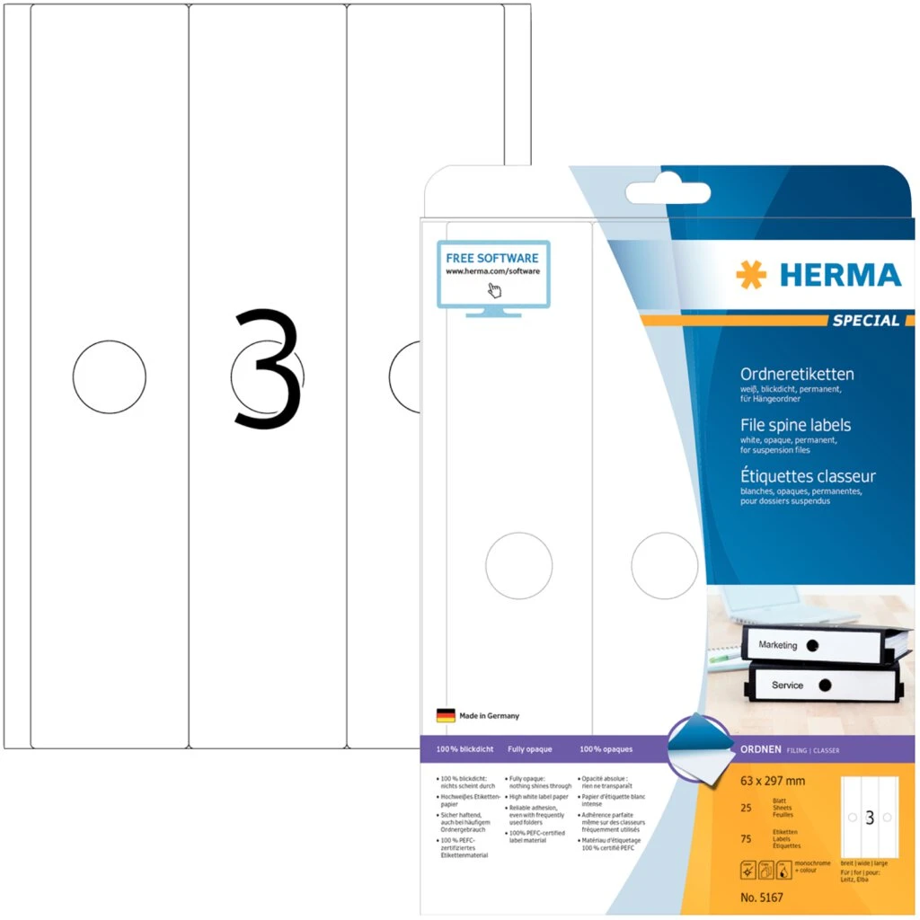 HERMA Ordnerrücken-Etiketten SPECIAL, 63 x 297 mm, weiß (EAN: 4008705051675)
