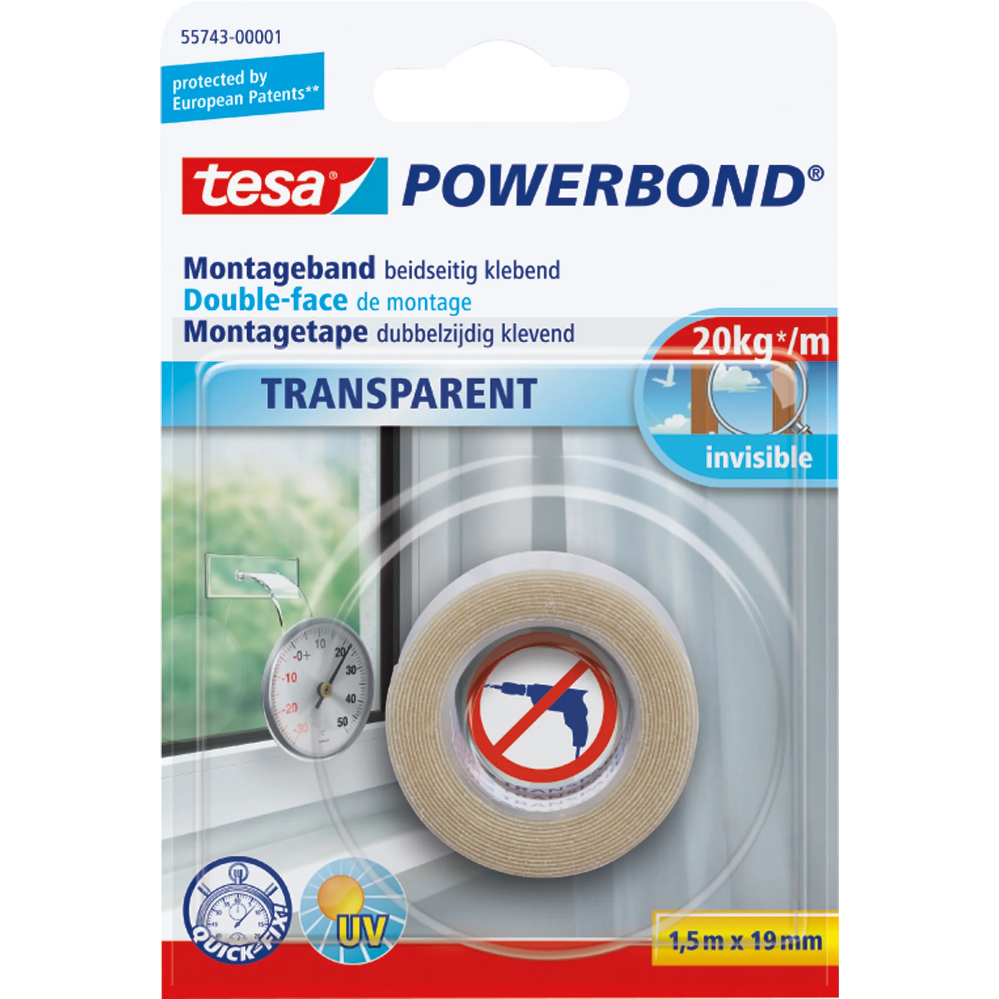 tesa Powerbond Montageband, transparent, 19 mm x 1,5 m (EAN: 4042448843142)