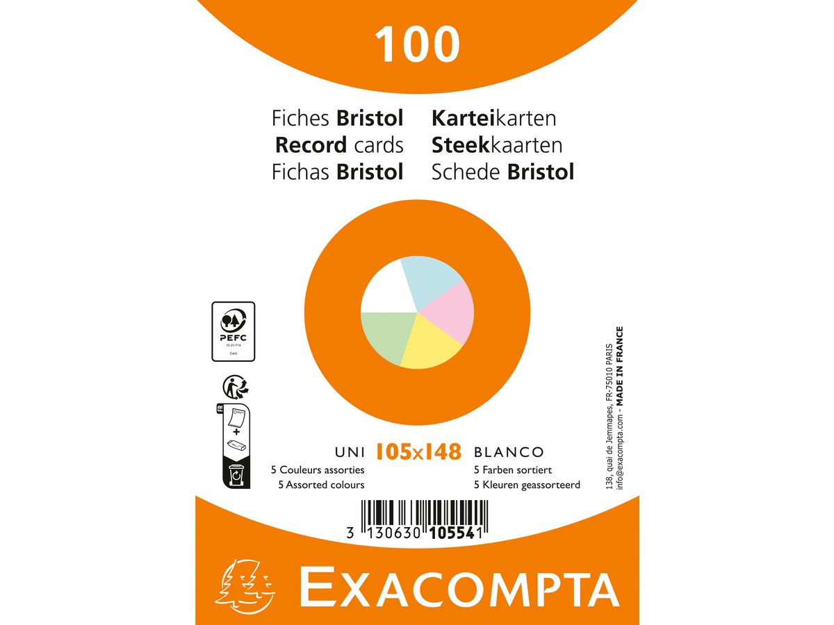 EXACOMPTA Karteikarten, DIN A6, blanko, farbig sortiert (EAN: 3130630105541)