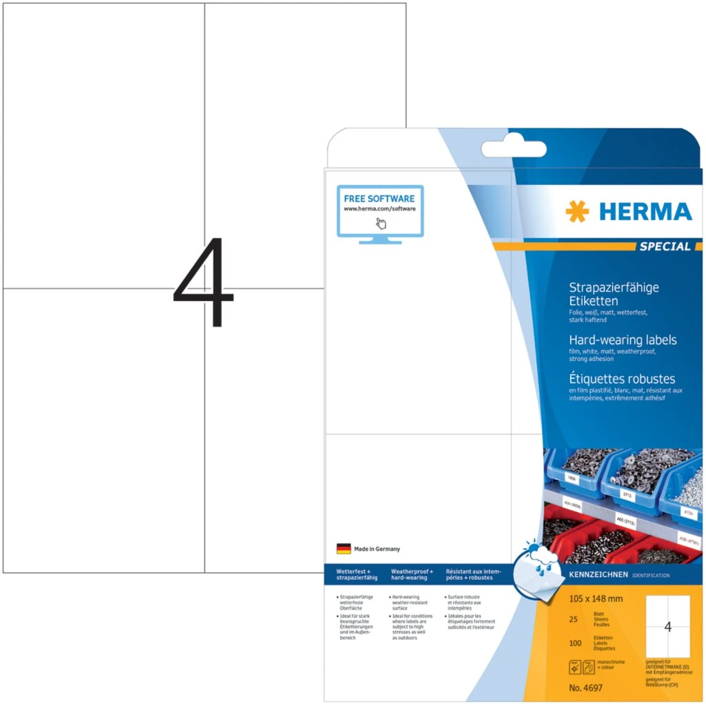HERMA Polyester-Etiketten SPECIAL, 105 x 148 mm, weiß (EAN: 4008705046978)