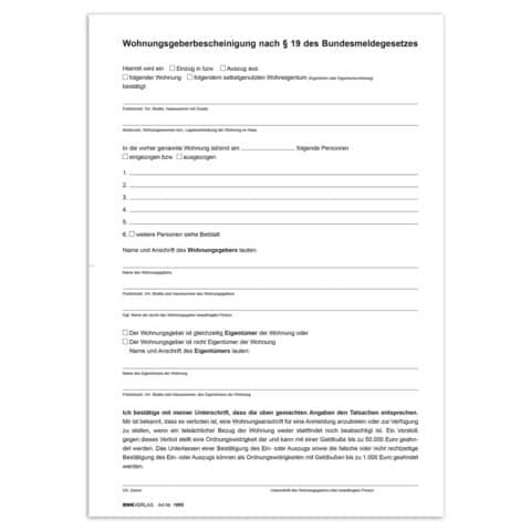 RNK Verlag Vordruck "Wohnungsgeberbescheinigung", DIN A4 (EAN: 4002871016650)