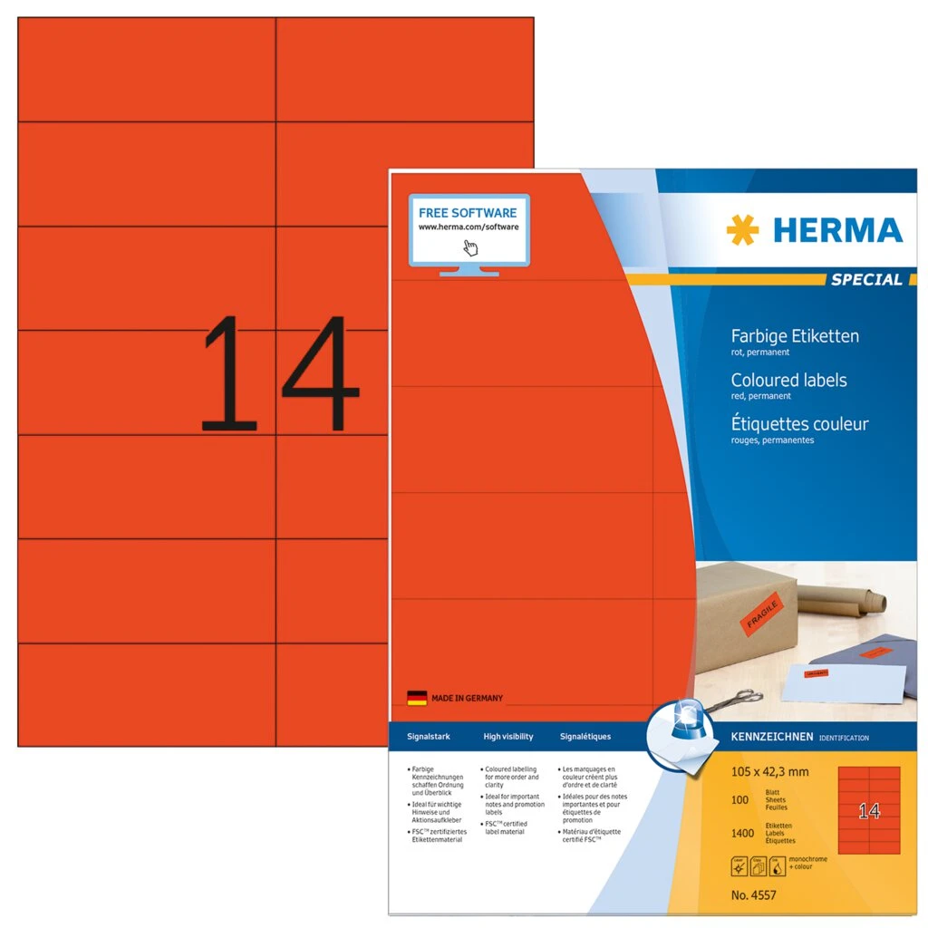 HERMA Universal-Etiketten SPECIAL, 105 x 42,3 mm, rot (EAN: 4008705045575)