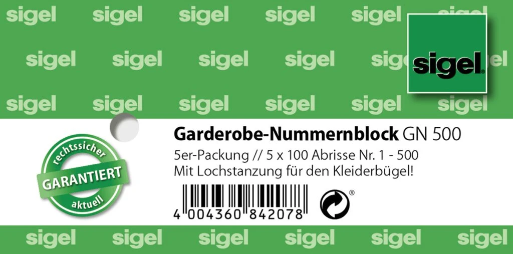 sigel Nummernblock "Garderobe", 1-500, (B)105 x (H)50 mm, blau oder gelb (EAN: 4004360842078)