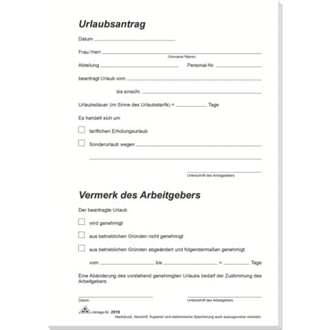 RNK Verlag Vordruck "Urlaubsantrag", Block, SD, DIN A5 (EAN: 4002871291606)