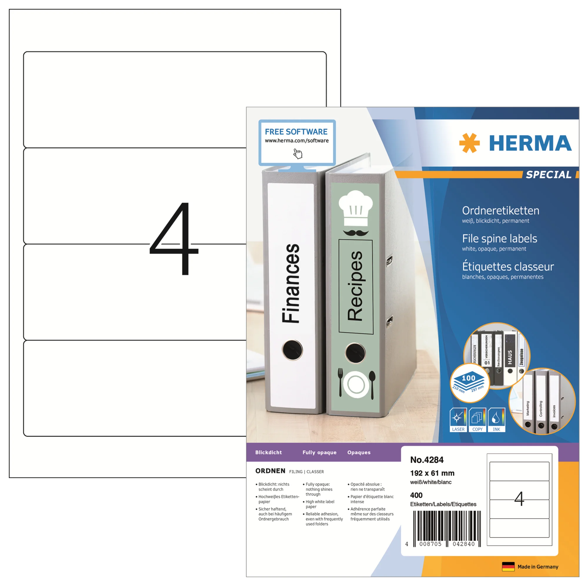 HERMA Ordnerrücken-Etiketten SPECIAL, 192 x 61 mm, weiß (EAN: 4008705042840)